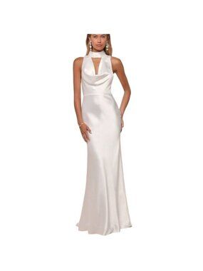 Lulu's Gorgeous Vow Satin Mock Neck Cowl Mermaid Maxi Dress XS New Bridal White